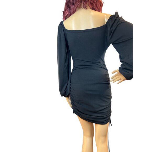 (6 for $25) Lantern Sleeve Ruched Mini Dress in Black Size Small - Picture 9 of 11